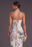 Ivory Floral Corset Halter Ruched Mermaid Long Formal Dress with Slit