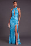 Sparkly Sequins Pink Floral High Neck Mermaid Long Formal Dress with Slit