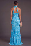 Sparkly Sequins Pink Floral High Neck Mermaid Long Formal Dress with Slit