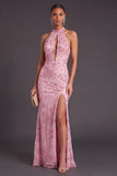 Sparkly Sequins Pink Floral High Neck Mermaid Long Formal Dress with Slit