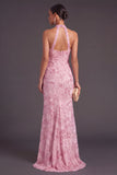 Sparkly Sequins Pink Floral High Neck Mermaid Long Formal Dress with Slit