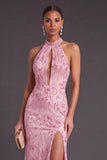 Sparkly Sequins Pink Floral High Neck Mermaid Long Formal Dress with Slit