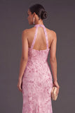 Sparkly Sequins Pink Floral High Neck Mermaid Long Formal Dress with Slit