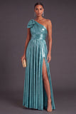 Gold Metallic Ruched One Shoulder Long A-Line Formal Dress with Bow