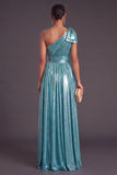 Gold Metallic Ruched One Shoulder Long A-Line Formal Dress with Bow