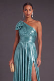 Gold Metallic Ruched One Shoulder Long A-Line Formal Dress with Bow