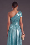 Gold Metallic Ruched One Shoulder Long A-Line Formal Dress with Bow