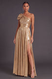 Gold Metallic Ruched One Shoulder Long A-Line Formal Dress with Bow