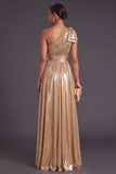 Gold Metallic Ruched One Shoulder Long A-Line Formal Dress with Bow