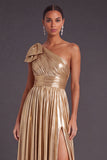 Gold Metallic Ruched One Shoulder Long A-Line Formal Dress with Bow