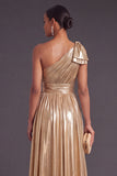 Gold Metallic Ruched One Shoulder Long A-Line Formal Dress with Bow