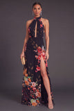 Black Floral Halter Keyhole A-Line Long Formal Dress with Slit