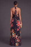 Black Floral Halter Keyhole A-Line Long Formal Dress with Slit