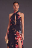 Black Floral Halter Keyhole A-Line Long Formal Dress with Slit
