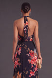 Black Floral Halter Keyhole A-Line Long Formal Dress with Slit