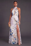 Black Floral Halter Keyhole A-Line Long Formal Dress with Slit