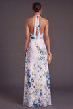 Black Floral Halter Keyhole A-Line Long Formal Dress with Slit