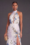 Black Floral Halter Keyhole A-Line Long Formal Dress with Slit