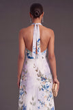 Black Floral Halter Keyhole A-Line Long Formal Dress with Slit