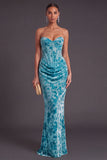 Blue Corset Floral Strapless Ruched Long Formal Dress