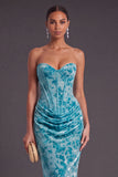 Blue Corset Floral Strapless Ruched Long Formal Dress