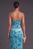 Blue Corset Floral Strapless Ruched Long Formal Dress