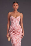 Blue Corset Floral Strapless Ruched Long Formal Dress