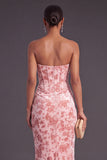 Blue Corset Floral Strapless Ruched Long Formal Dress