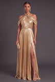 Gold Metallic Cold Shoulder Ruched A-Line Long Formal Dress with Slit