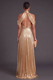 Gold Metallic Cold Shoulder Ruched A-Line Long Formal Dress with Slit