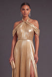 Gold Metallic Cold Shoulder Ruched A-Line Long Formal Dress with Slit