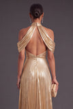 Gold Metallic Cold Shoulder Ruched A-Line Long Formal Dress with Slit
