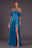 Metallic Gold Off the Shoulder Ruched A-Line Long Formal Dress with Slit