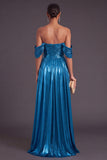 Metallic Gold Off the Shoulder Ruched A-Line Long Formal Dress with Slit