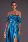 Metallic Gold Off the Shoulder Ruched A-Line Long Formal Dress with Slit