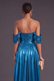 Metallic Gold Off the Shoulder Ruched A-Line Long Formal Dress with Slit