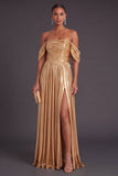 Metallic Gold Off the Shoulder Ruched A-Line Long Formal Dress with Slit