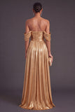 Metallic Gold Off the Shoulder Ruched A-Line Long Formal Dress with Slit