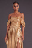 Metallic Gold Off the Shoulder Ruched A-Line Long Formal Dress with Slit