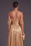 Metallic Gold Off the Shoulder Ruched A-Line Long Formal Dress with Slit
