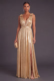 Gold Metallic Pleated Thick Straps Long Formal Dress with Bow
