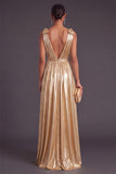 Gold Metallic Pleated Thick Straps Long Formal Dress with Bow