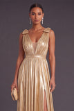 Gold Metallic Pleated Thick Straps Long Formal Dress with Bow