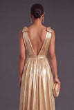 Gold Metallic Pleated Thick Straps Long Formal Dress with Bow