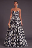 Black White Floral Corset Strapless A-Line Long Formal Dress