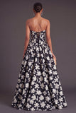 Black White Floral Corset Strapless A-Line Long Formal Dress