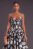 Black White Floral Corset Strapless A-Line Long Formal Dress