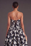 Black White Floral Corset Strapless A-Line Long Formal Dress
