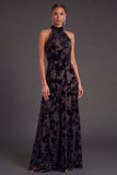 Floral Black High Neck A-Line Long Formal Dress with Bow