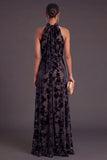 Floral Black High Neck A-Line Long Formal Dress with Bow